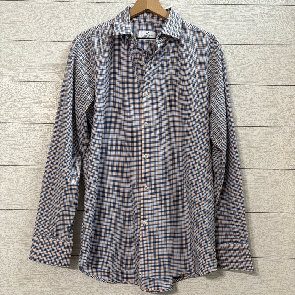 Mizzen+Main Trim Fit Dress Shirt Large Blue Orange Plaid Performance Stretch